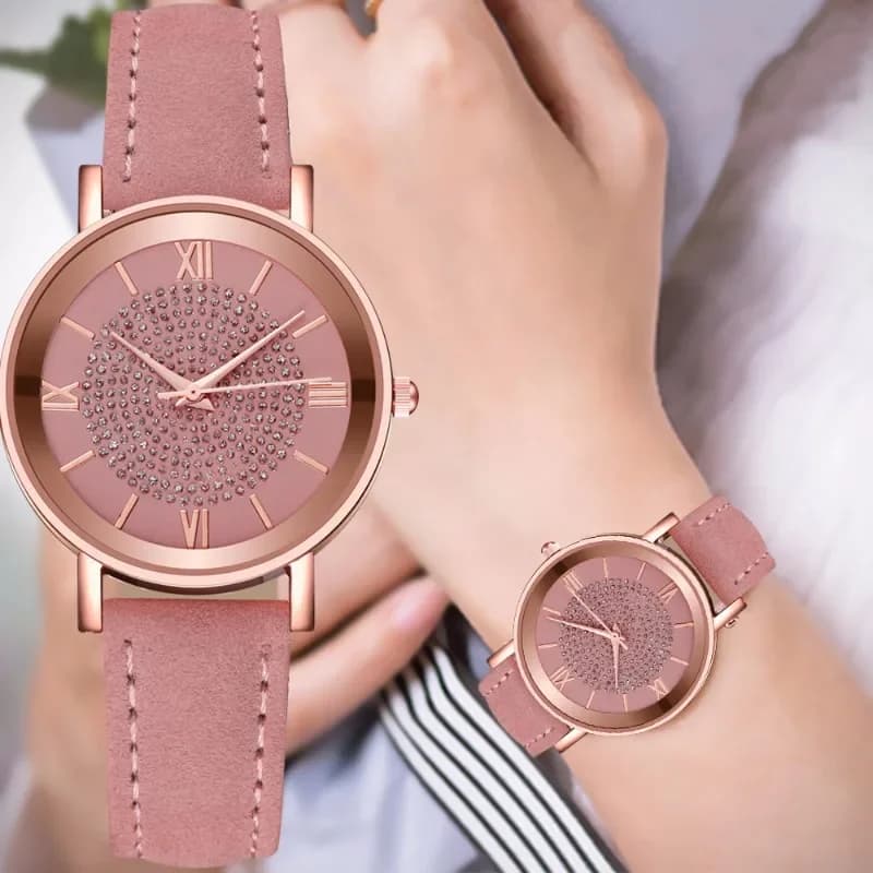 Women Watch Ladies Rhinestone Dial Wristwatch Leather Band Casual Bracele Watch Fashion Casual Leather Belt Quartz Watches Gifts