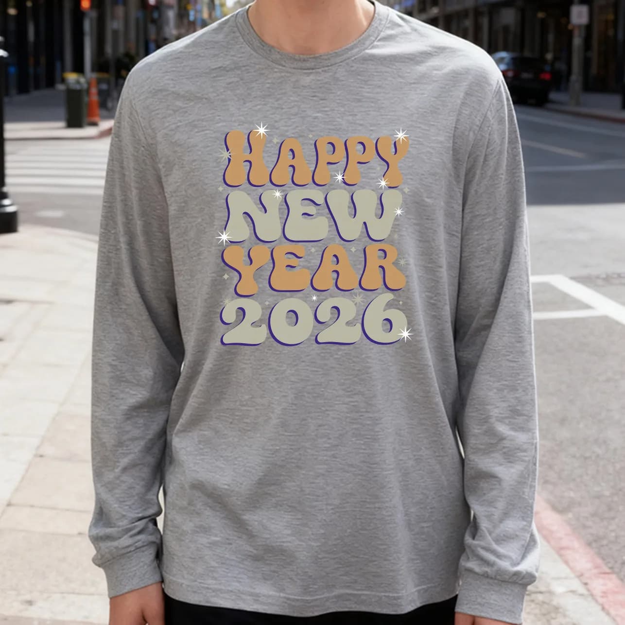 Hello New Year 2026 Men's Long Sleeve Tee 100% Cotton 180g Crew Neck Casual Daily Style Soft and Breathable