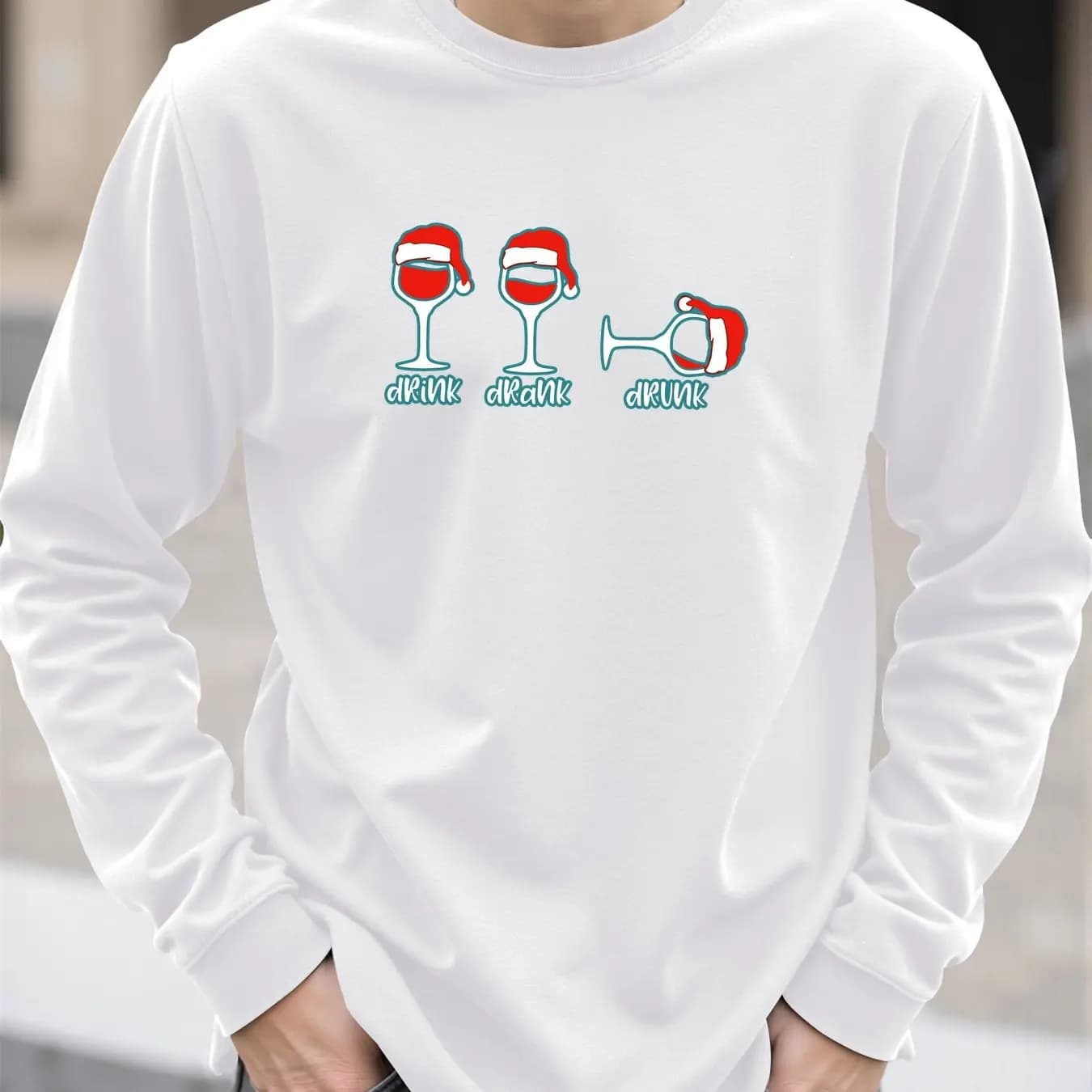 Christmas Wine Glass Print Men's T-shirt Spring Autumn Casual O-neck Loose Long Sleeve Tops Fashion New Year X'mas Clothing Tees