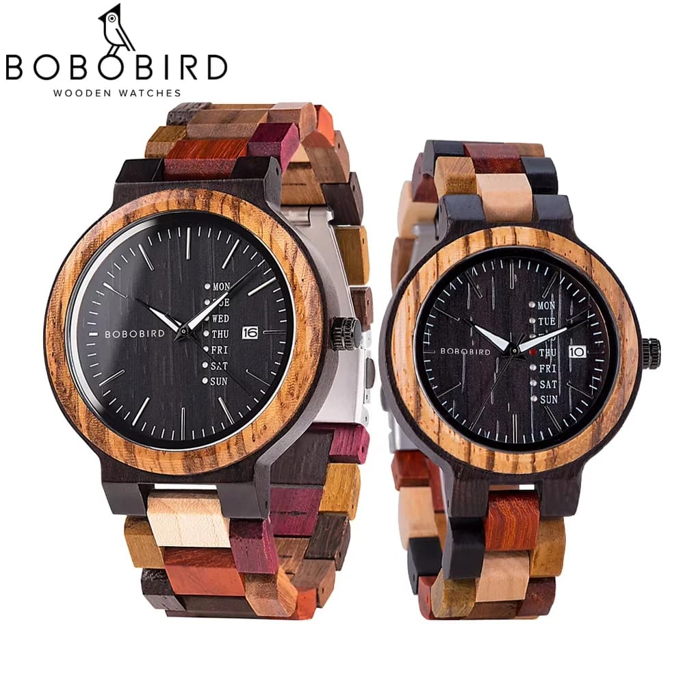 BOBO BIRD Wood Watch Men Women Quartz Week Date Couple Timepiece Colorful Wooden Band Logo Customize Gift Wholesale Dropship