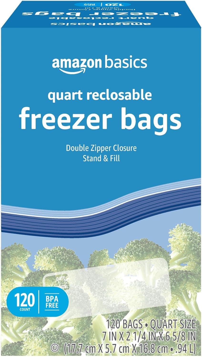 Amazon Basics Reclosable Freezer Quart Bags – 120 Count