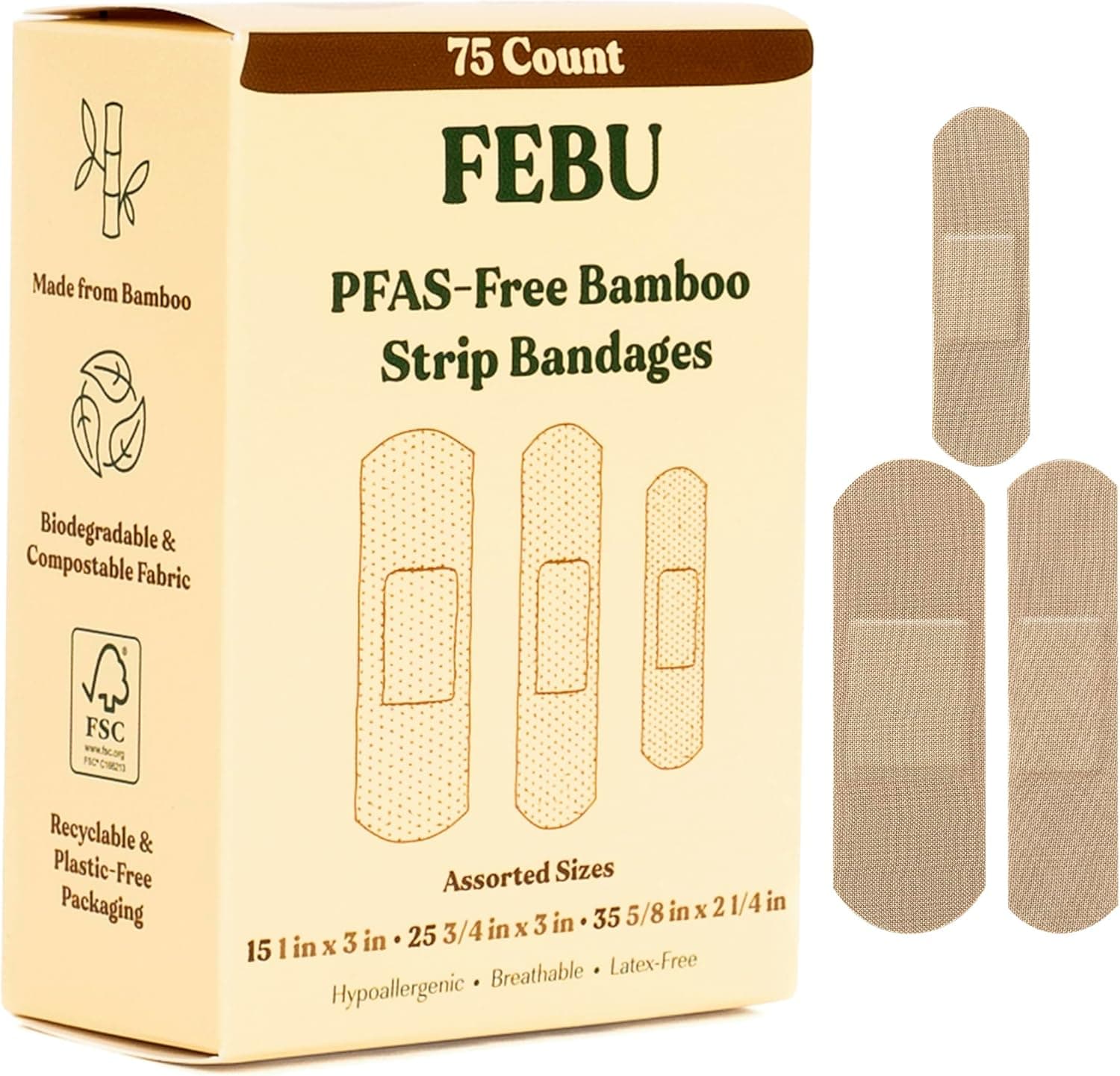 FEBU Eco-Friendly Bamboo Fabric Bandages – PFAS Free, Hypoallergenic, and Fully Compostable (75 Count)